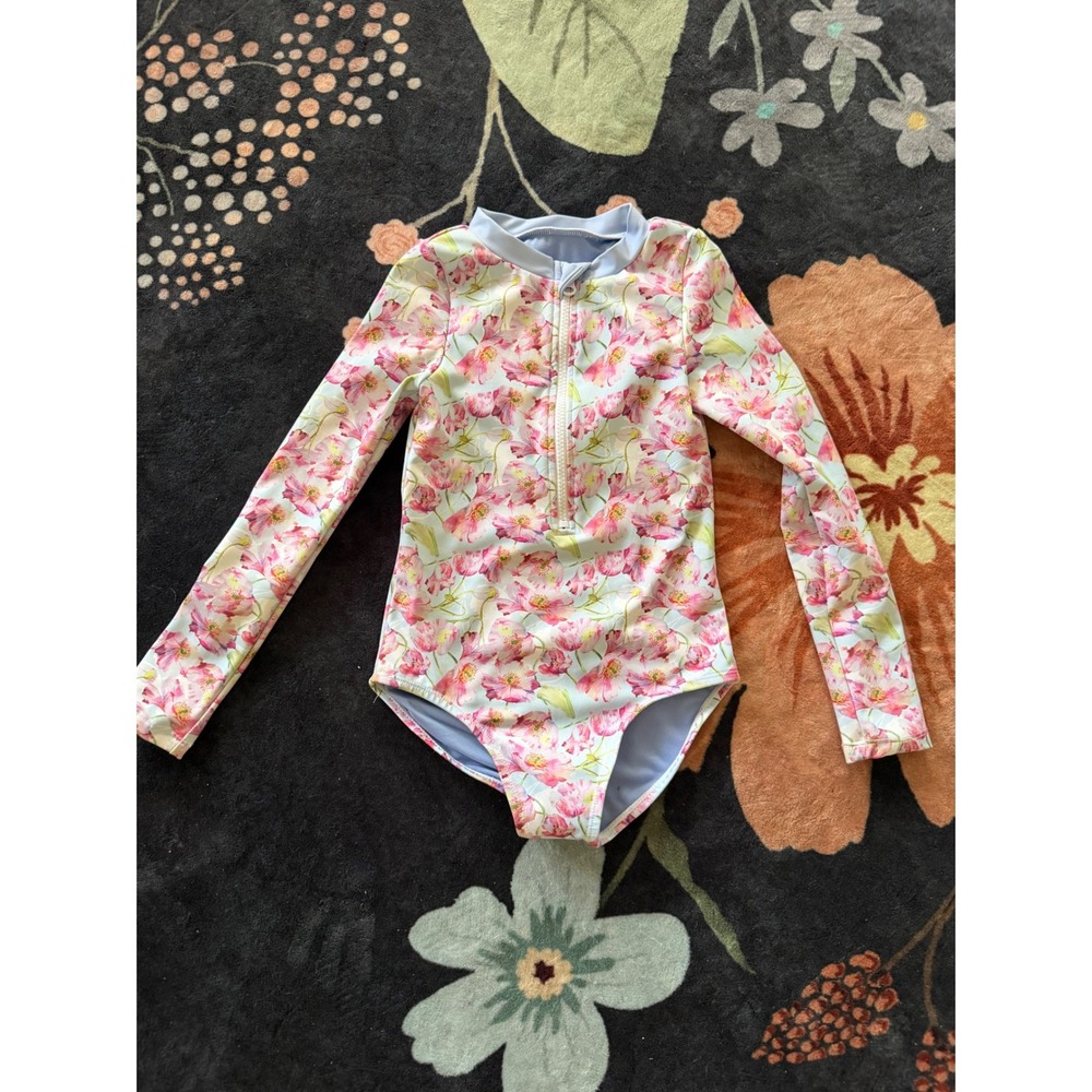 LINC Active Girls Floral Long Sleeve One Piece Rash Guard Swimsuit Pink Blue YS